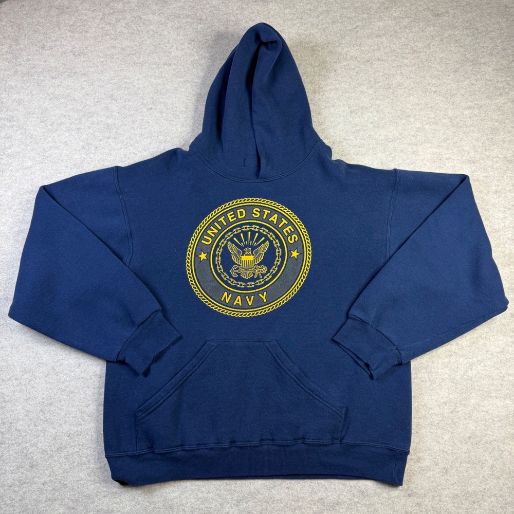 Vintage Soffe US Navy Hoodie Mens Medium Blue Made in USA Pullover Sweatshirt